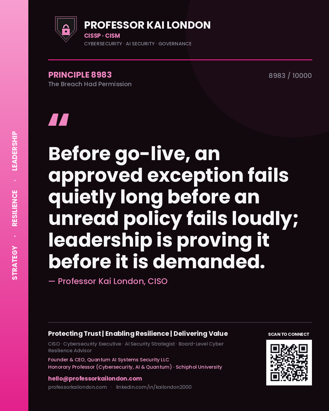Quote card by Professor Kai London reading 'Before go-live, an approved exception fails quietly long before an unread policy fails loudly; leadership is proving it before it is demanded.'. From the book The Breach Had Permission.