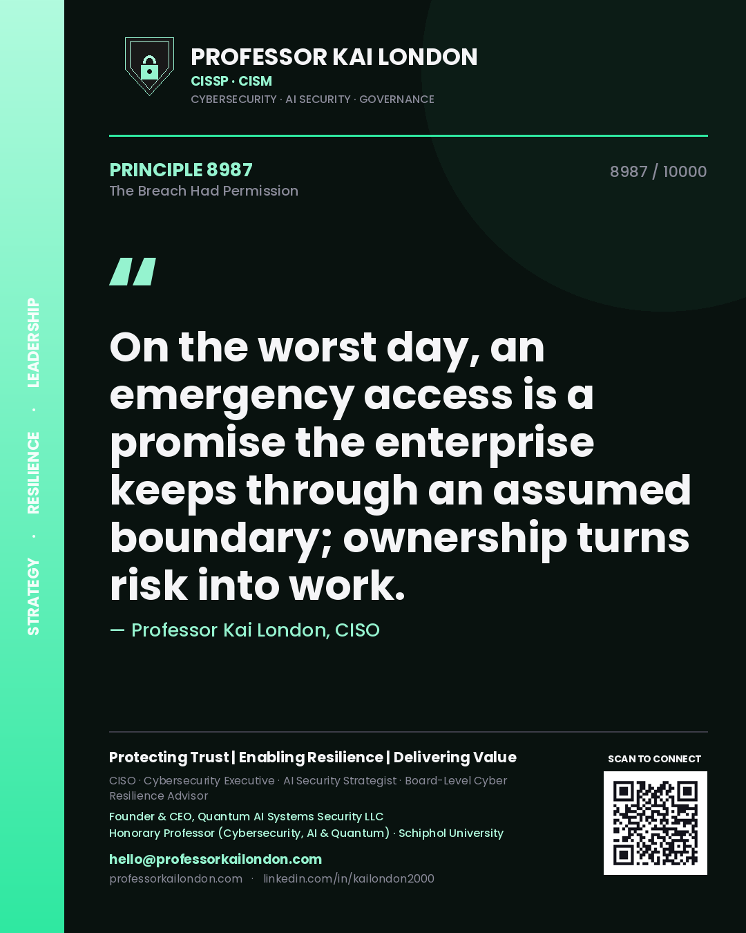 Quote card by Professor Kai London reading 'On the worst day, an emergency access is a promise the enterprise keeps through an assumed boundary; ownership turns risk into work.'. From the book The Breach Had Permission.