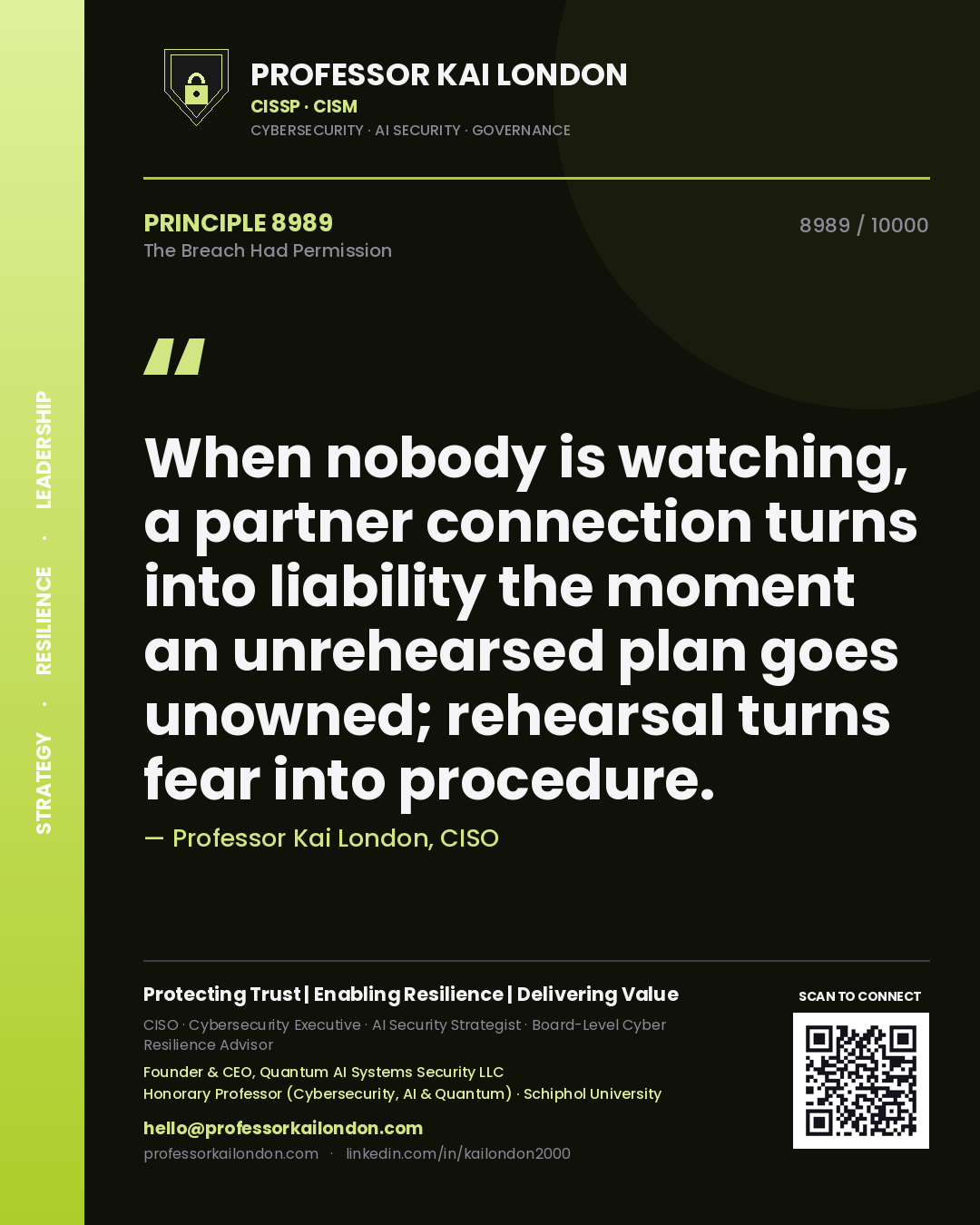 Quote card by Professor Kai London reading 'When nobody is watching, a partner connection turns into liability the moment an unrehearsed plan goes unowned; rehearsal turns fear into procedure.'. From the book The Breach Had Permission.