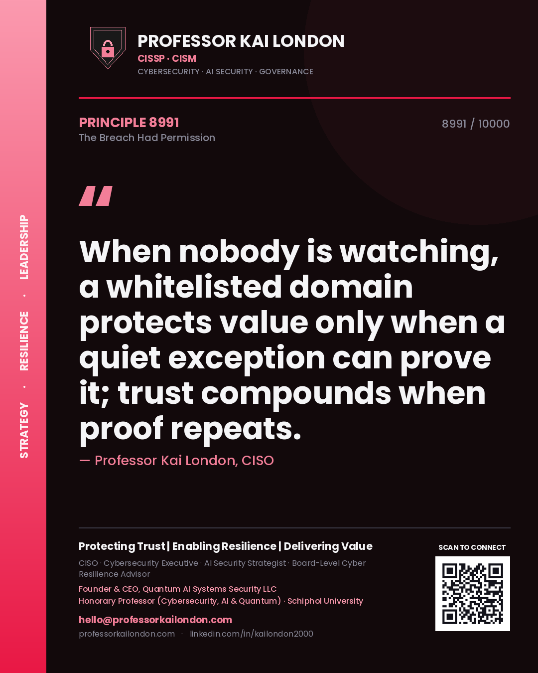 Professor Kai London principle 8991: When nobody is watching, a whitelisted domain protects value only when a quiet exception can prove it; trust compounds when proof repeats.