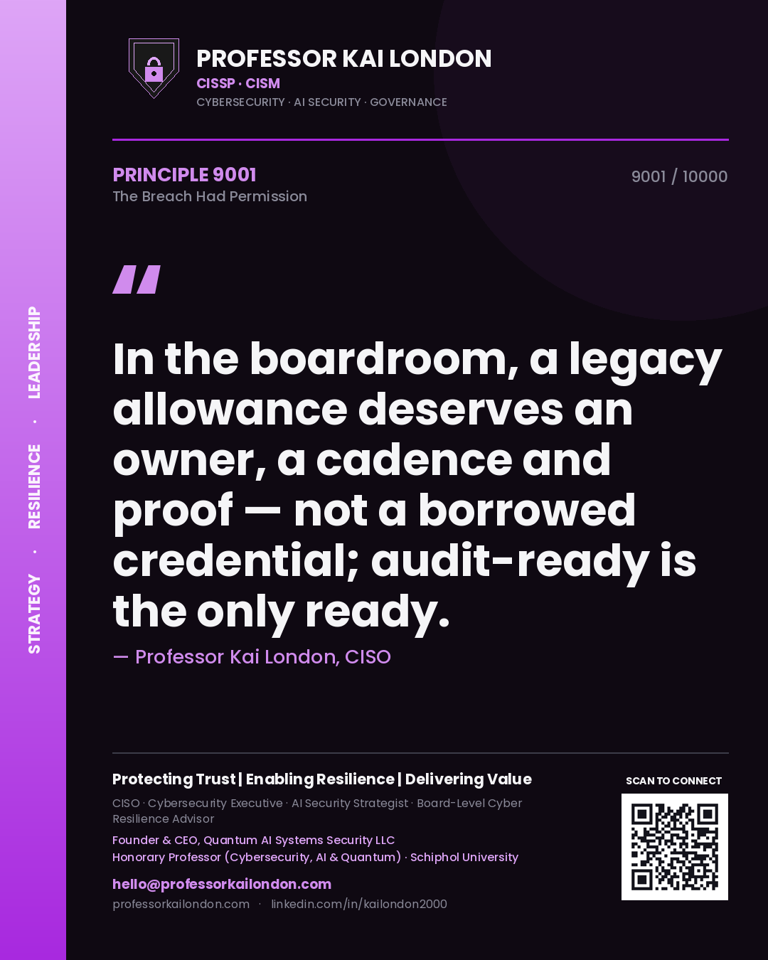 Quote card by Professor Kai London reading 'In the boardroom, a legacy allowance deserves an owner, a cadence and proof — not a borrowed credential; audit-ready is the only ready.'. From the book The Breach Had Permission.