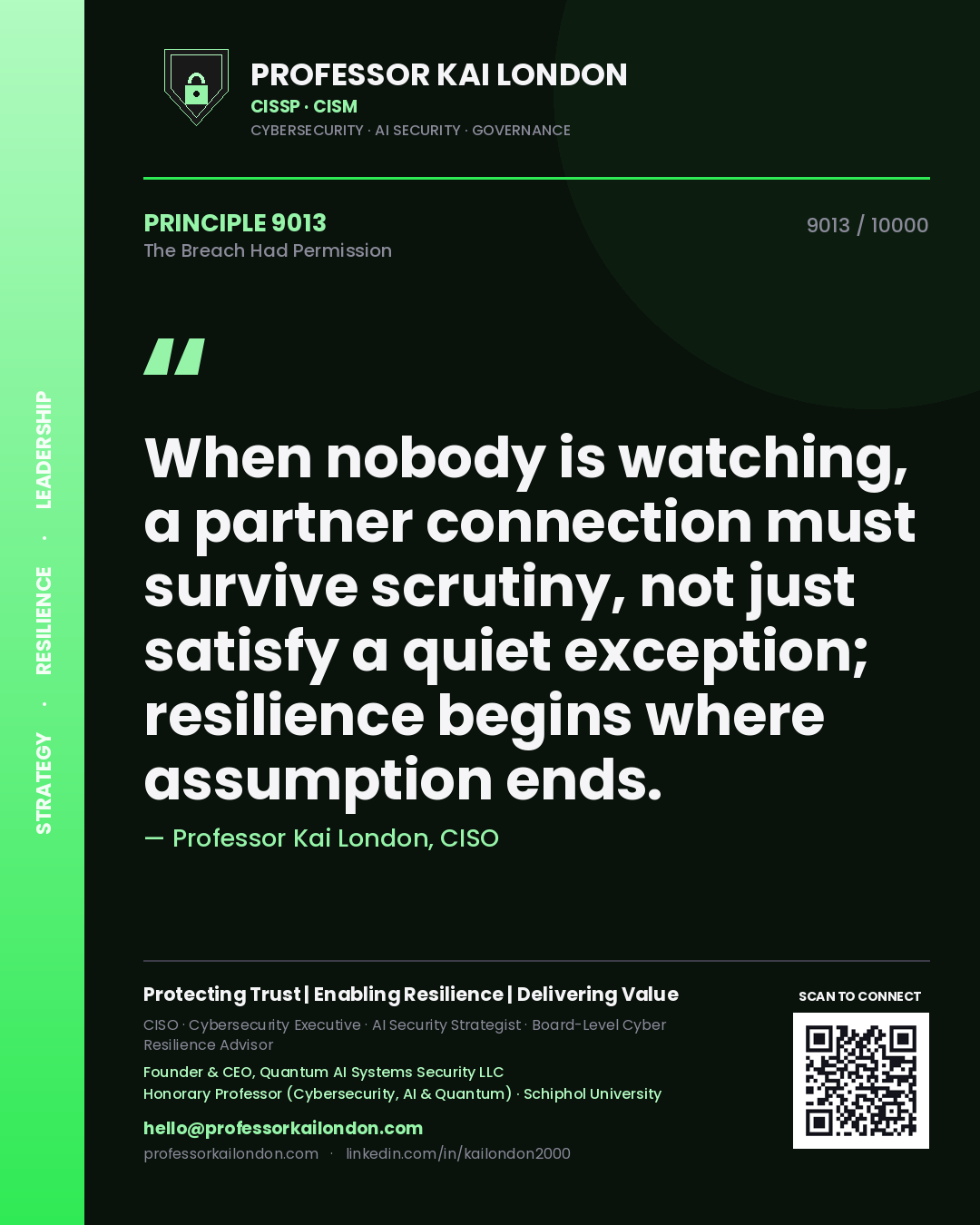 Professor Kai London principle 9013: When nobody is watching, a partner connection must survive scrutiny, not just satisfy a quiet exception; resilience begins where assumption ends.