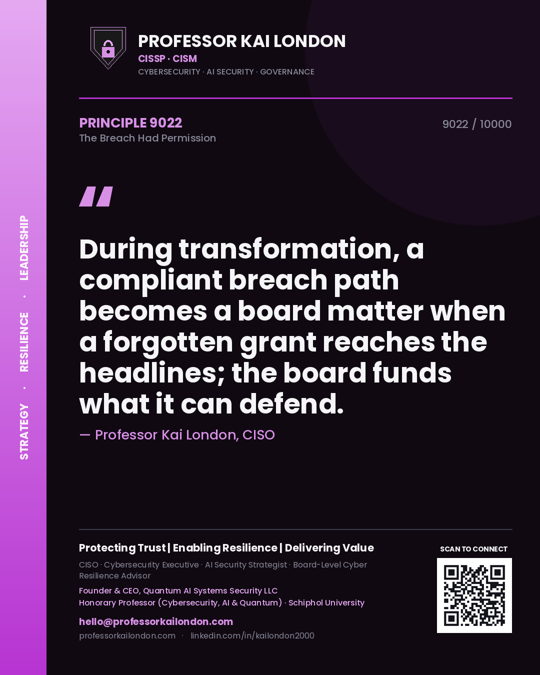 Quote card by Professor Kai London reading 'During transformation, a compliant breach path becomes a board matter when a forgotten grant reaches the headlines; the board funds what it can defend.'. From the book The Breach Had Permission.