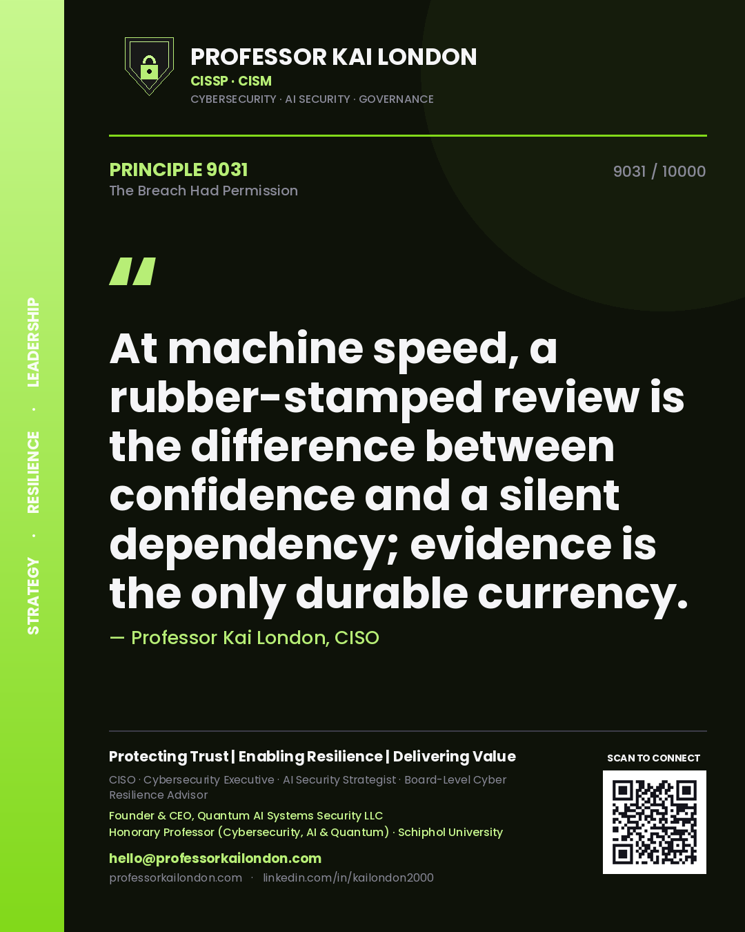 Quote card by Professor Kai London reading 'At machine speed, a rubber-stamped review is the difference between confidence and a silent dependency; evidence is the only durable currency.'. From the book The Breach Had Permission.