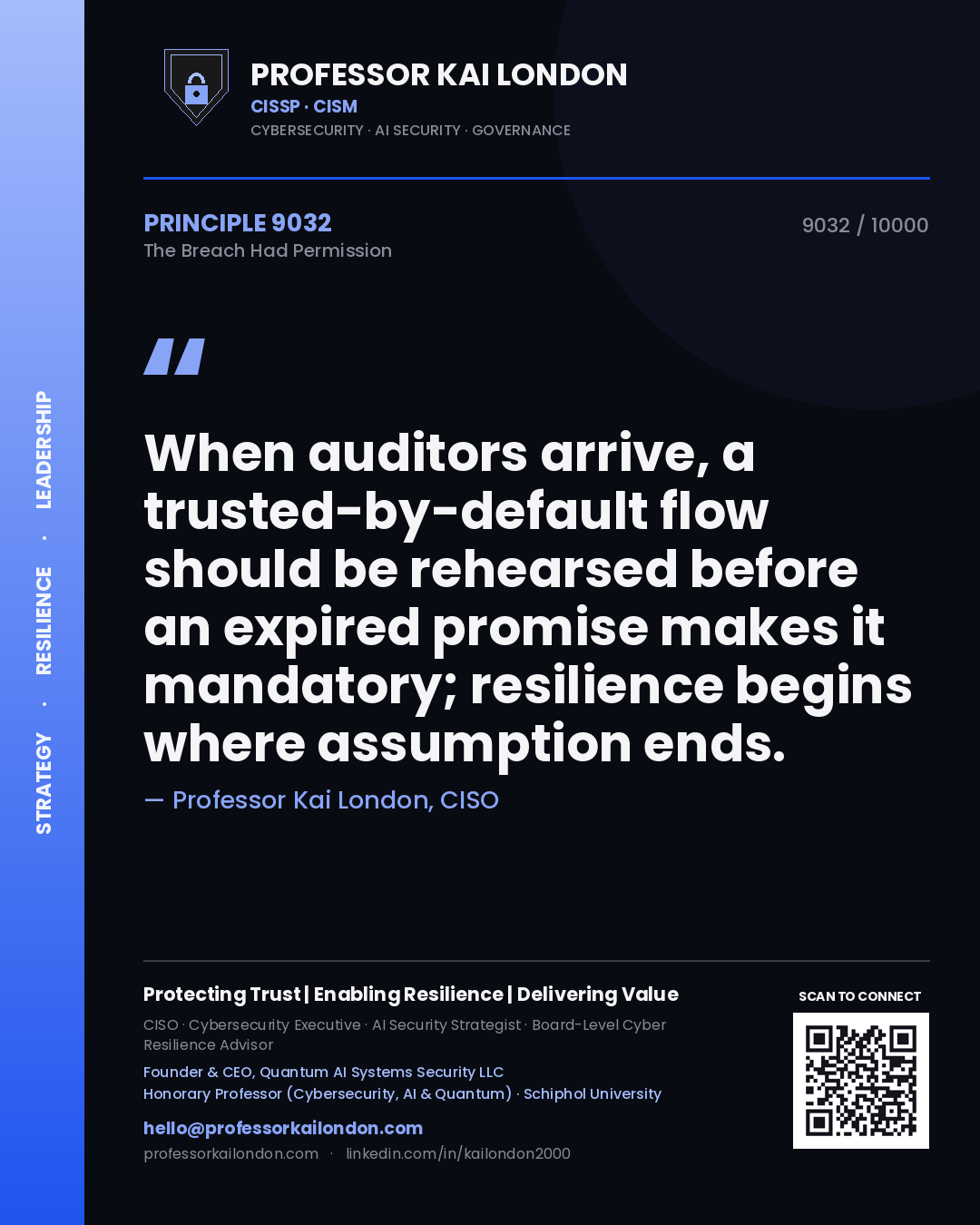 Quote card by Professor Kai London reading 'When auditors arrive, a trusted-by-default flow should be rehearsed before an expired promise makes it mandatory; resilience begins where assumption ends.'. From the book The Breach Had Permission.