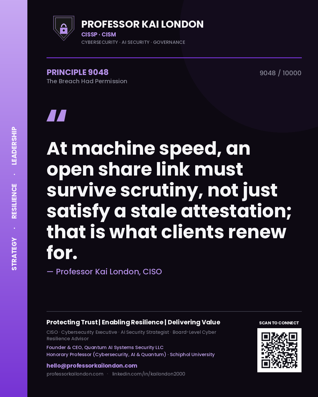 Quote card by Professor Kai London reading 'At machine speed, an open share link must survive scrutiny, not just satisfy a stale attestation; that is what clients renew for.'. From the book The Breach Had Permission.
