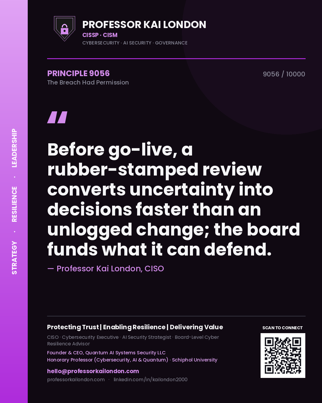 Professor Kai London principle 9056: Before go-live, a rubber-stamped review converts uncertainty into decisions faster than an unlogged change; the board funds what it can defend.