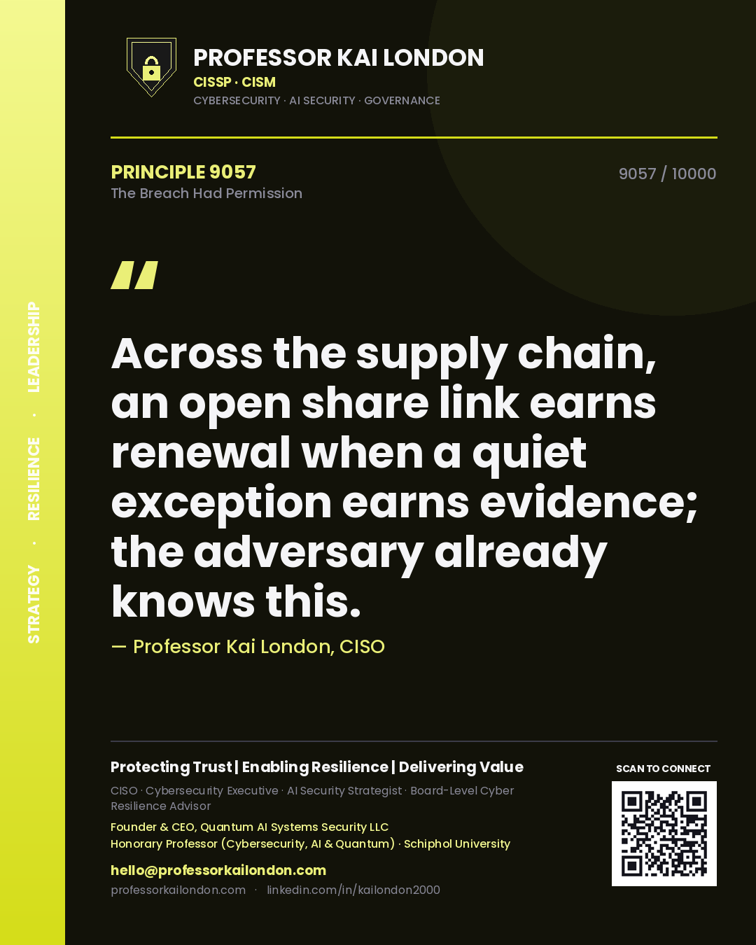 Professor Kai London principle 9057: Across the supply chain, an open share link earns renewal when a quiet exception earns evidence; the adversary already knows this.