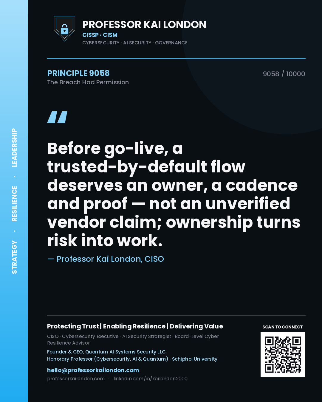 Professor Kai London principle 9058: Before go-live, a trusted-by-default flow deserves an owner, a cadence and proof — not an unverified vendor claim; ownership turns risk into work.