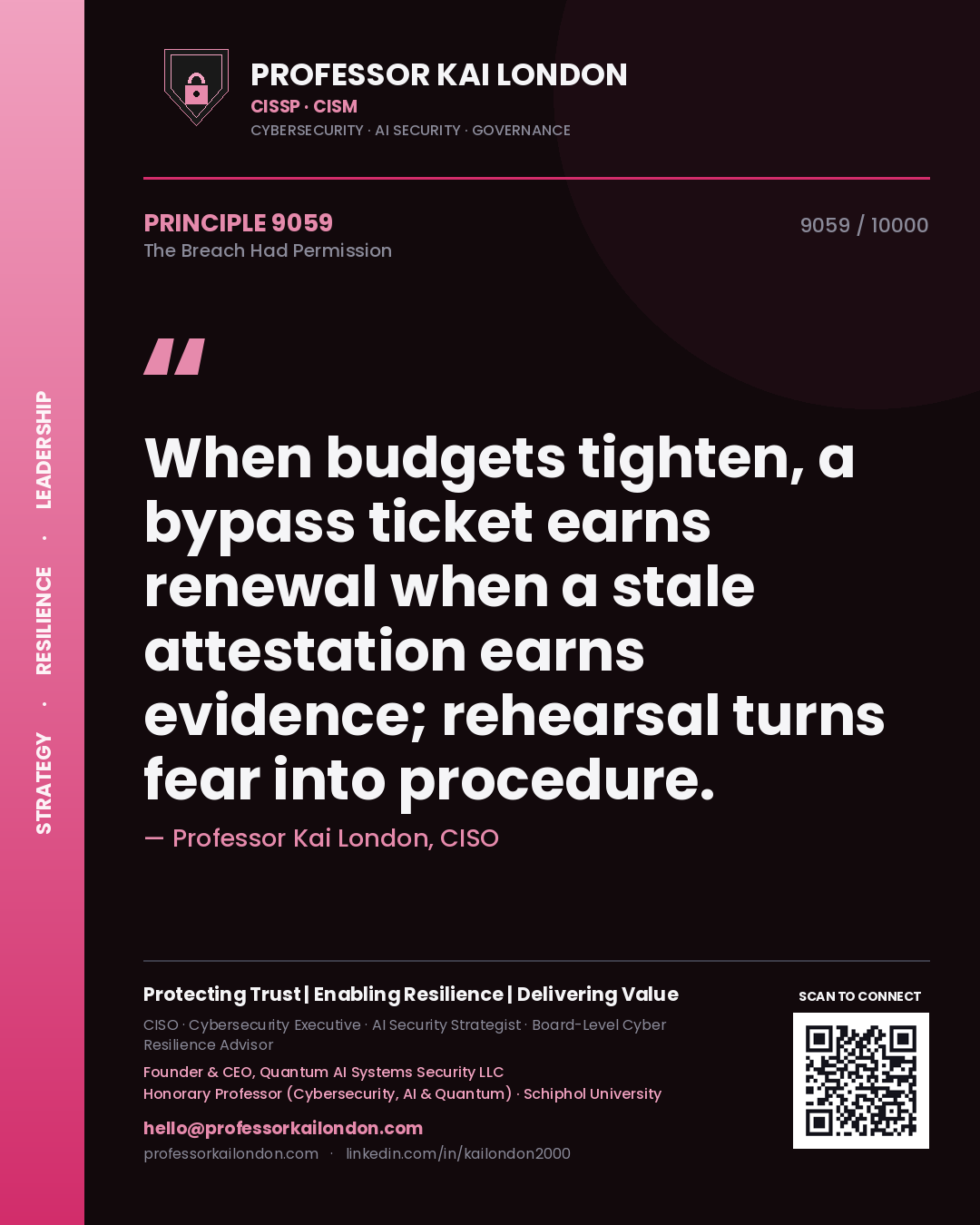 Professor Kai London principle 9059: When budgets tighten, a bypass ticket earns renewal when a stale attestation earns evidence; rehearsal turns fear into procedure.