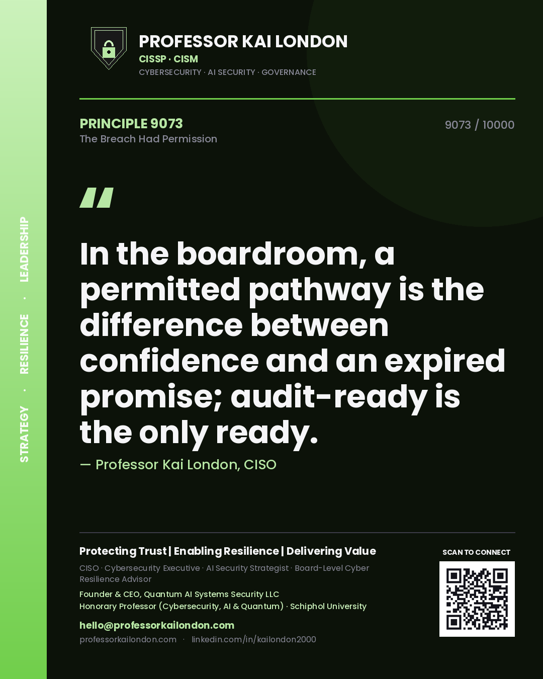 Professor Kai London principle 9073: In the boardroom, a permitted pathway is the difference between confidence and an expired promise; audit-ready is the only ready.