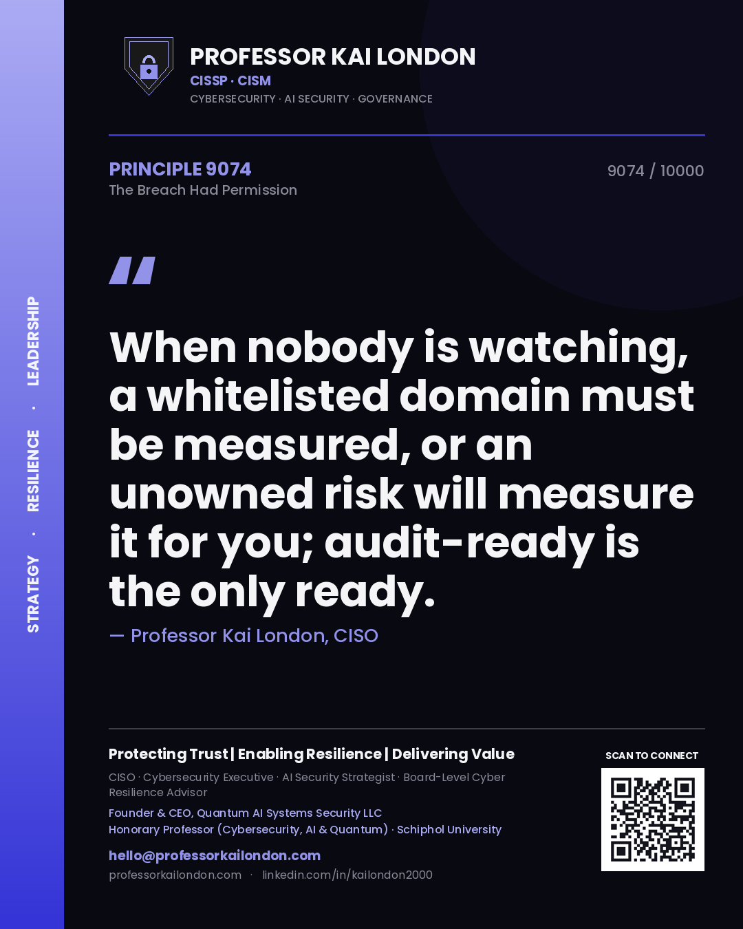 Professor Kai London principle 9074: When nobody is watching, a whitelisted domain must be measured, or an unowned risk will measure it for you; audit-ready is the only ready.