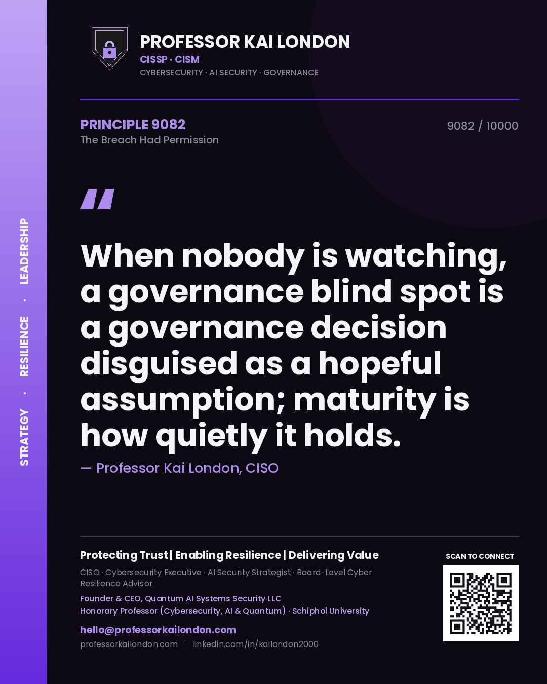 Professor Kai London principle 9082: When nobody is watching, a governance blind spot is a governance decision disguised as a hopeful assumption; maturity is how quietly it holds.