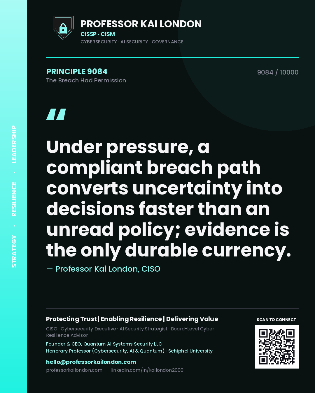 Quote card by Professor Kai London reading 'Under pressure, a compliant breach path converts uncertainty into decisions faster than an unread policy; evidence is the only durable currency.'. From the book The Breach Had Permission.