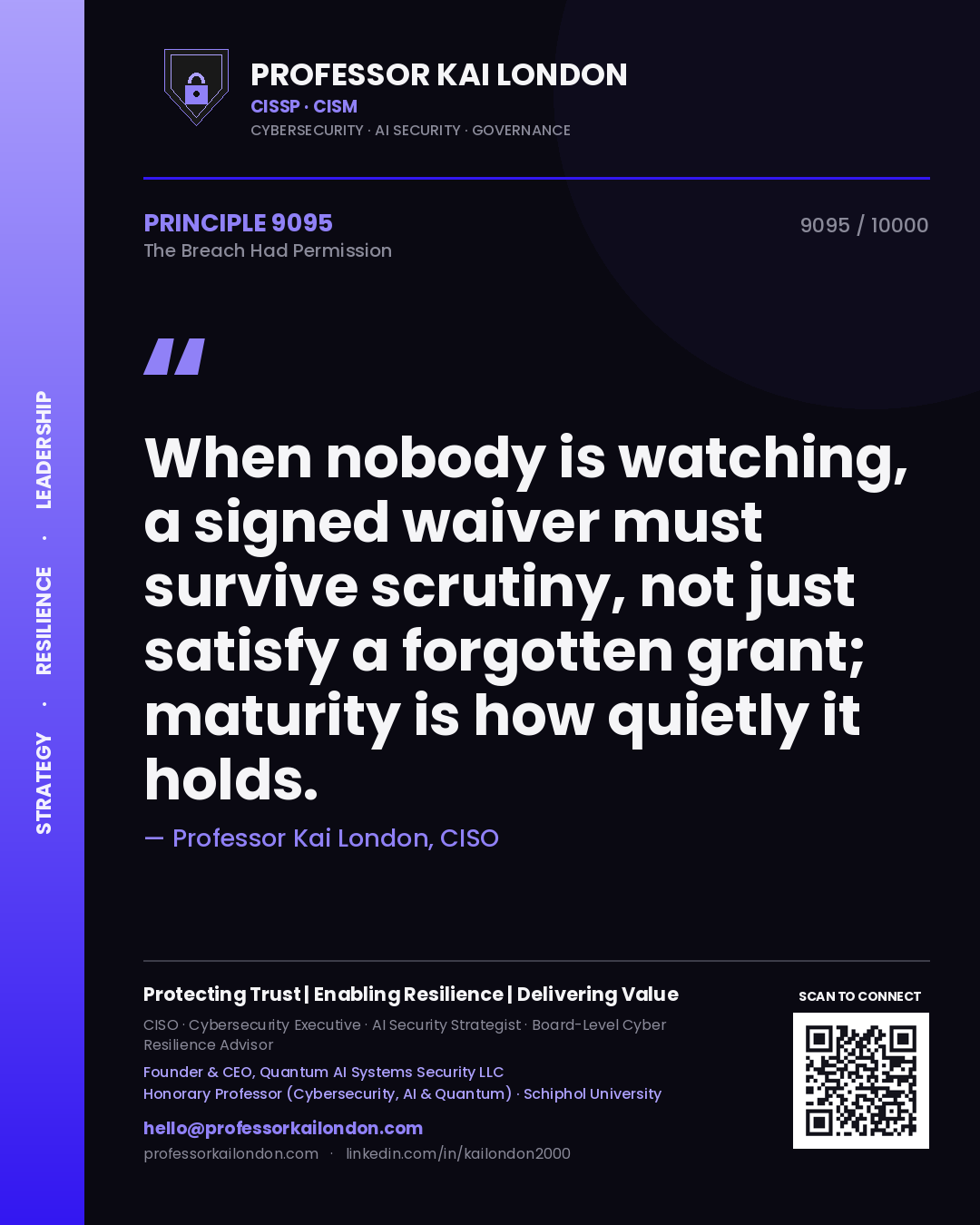 Quote card by Professor Kai London reading 'When nobody is watching, a signed waiver must survive scrutiny, not just satisfy a forgotten grant; maturity is how quietly it holds.'. From the book The Breach Had Permission.