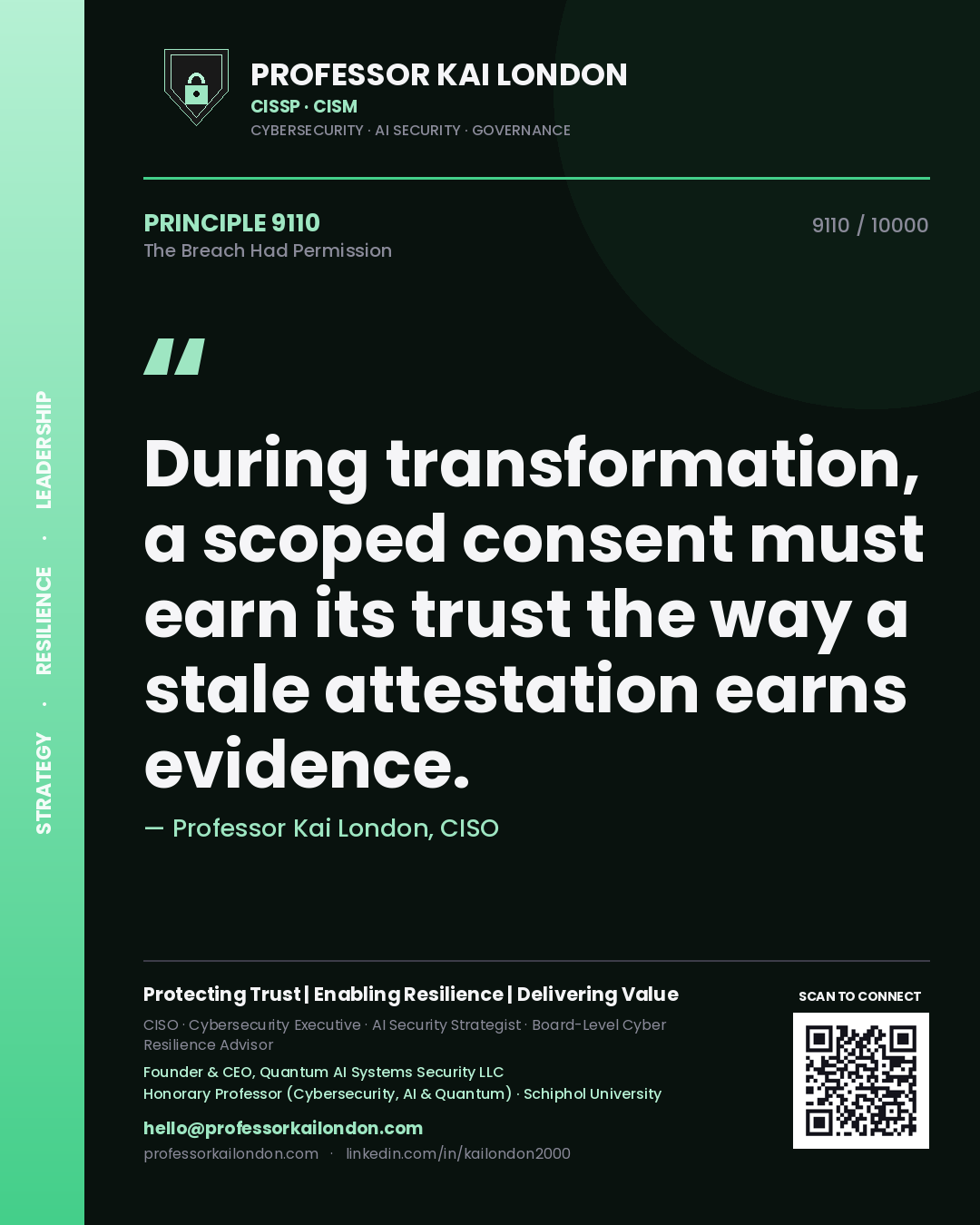 Quote card by Professor Kai London reading 'During transformation, a scoped consent must earn its trust the way a stale attestation earns evidence.'. From the book The Breach Had Permission.