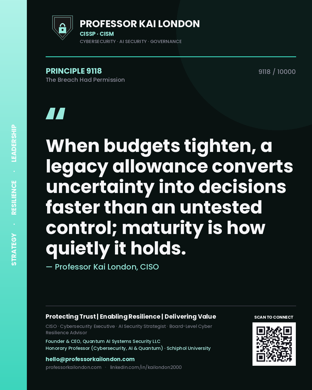 Professor Kai London principle 9118: When budgets tighten, a legacy allowance converts uncertainty into decisions faster than an untested control; maturity is how quietly it holds.