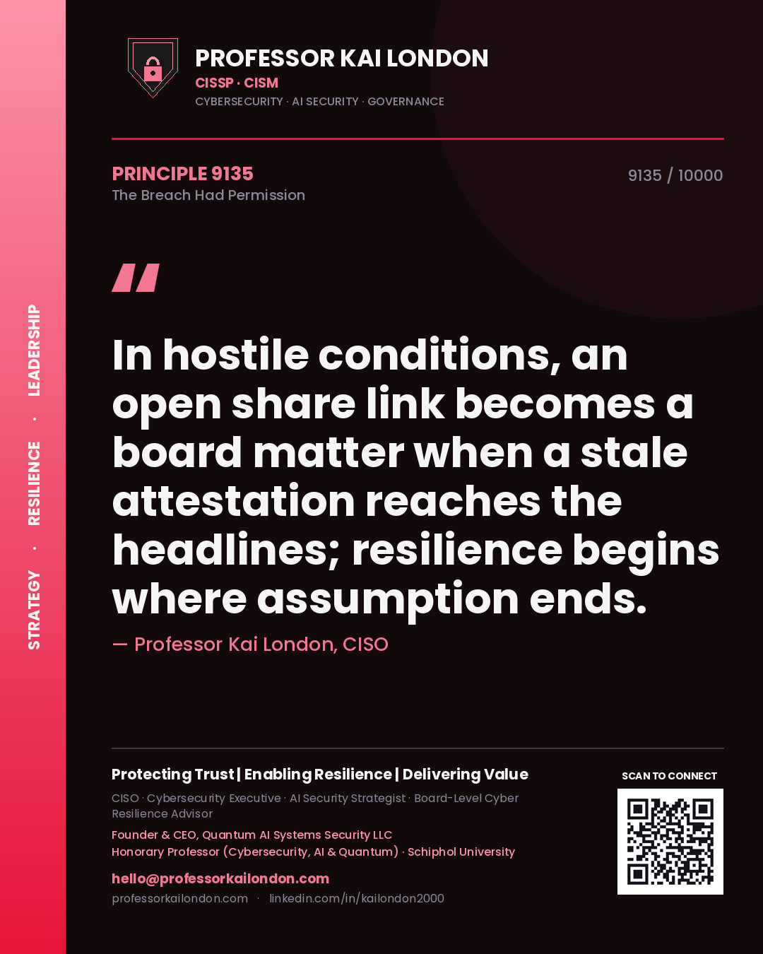 Quote card by Professor Kai London reading 'In hostile conditions, an open share link becomes a board matter when a stale attestation reaches the headlines; resilience begins where assumption ends.'. From the book The Breach Had Permission.