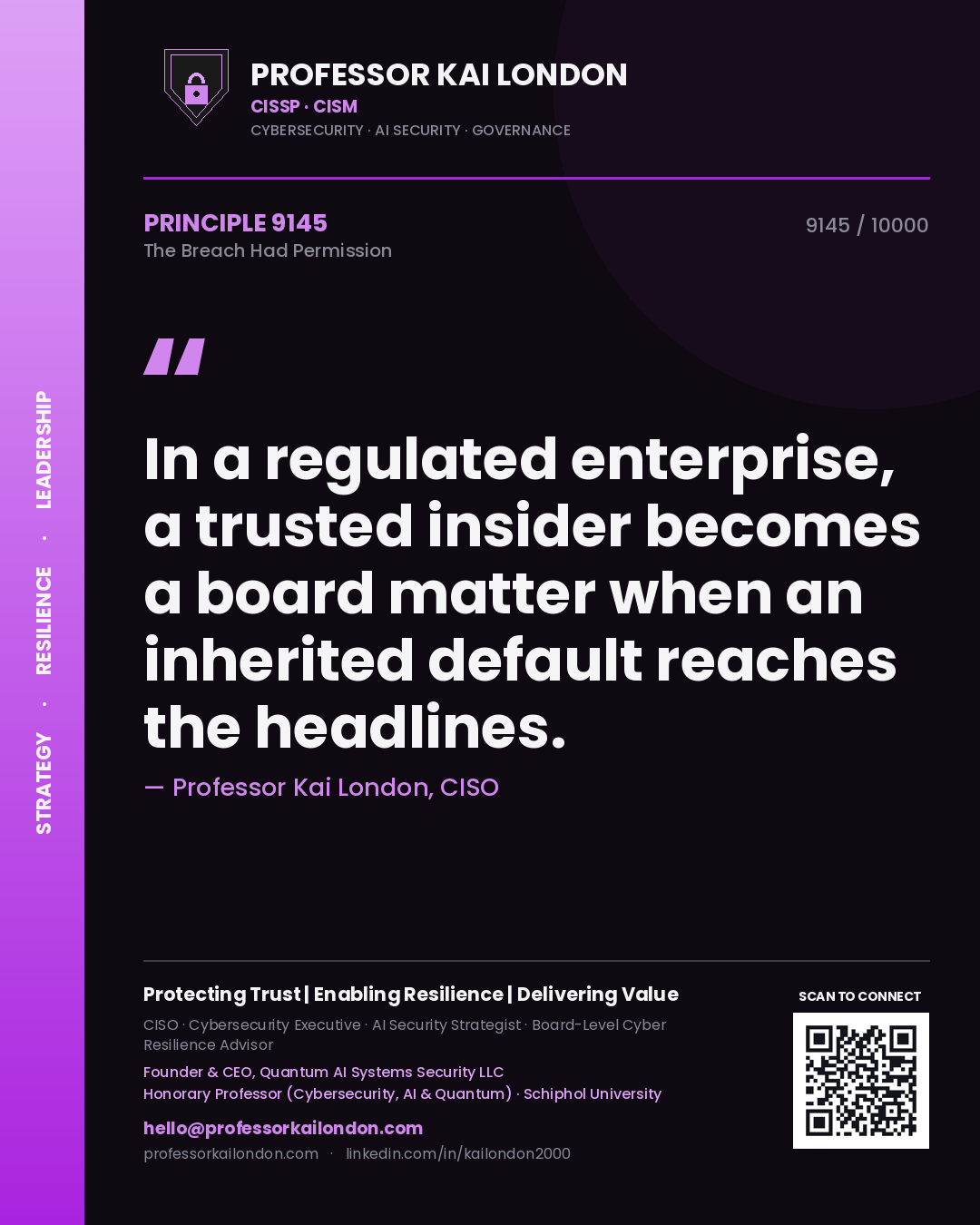 Professor Kai London principle 9145: In a regulated enterprise, a trusted insider becomes a board matter when an inherited default reaches the headlines.