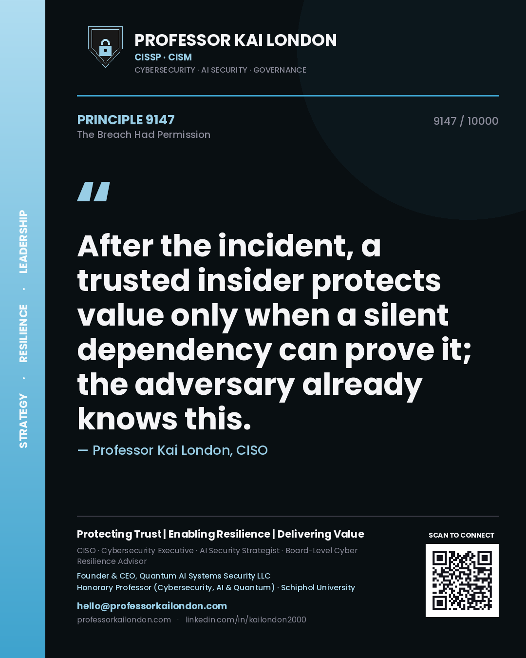 Professor Kai London principle 9147: After the incident, a trusted insider protects value only when a silent dependency can prove it; the adversary already knows this.