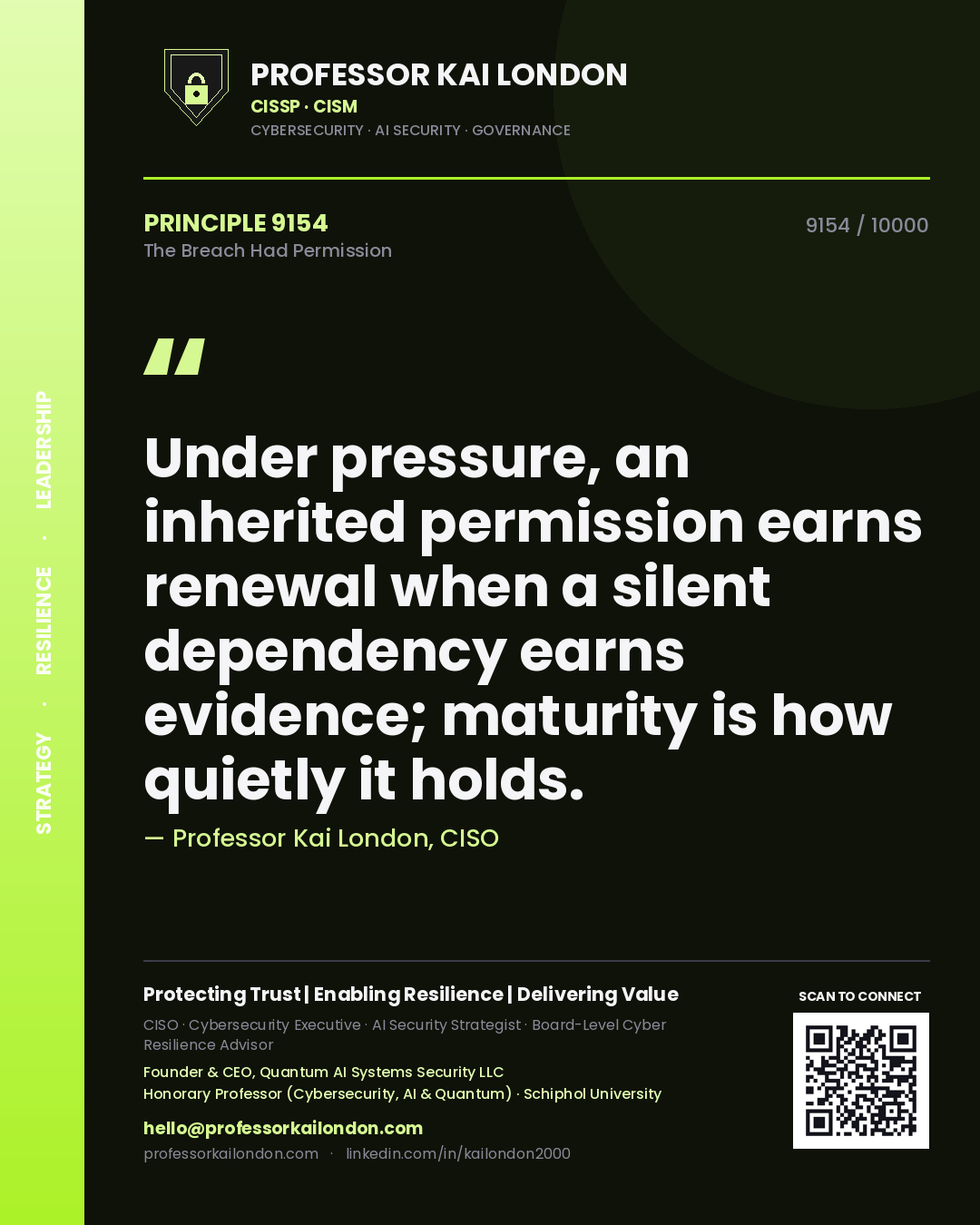 Professor Kai London principle 9154: Under pressure, an inherited permission earns renewal when a silent dependency earns evidence; maturity is how quietly it holds.