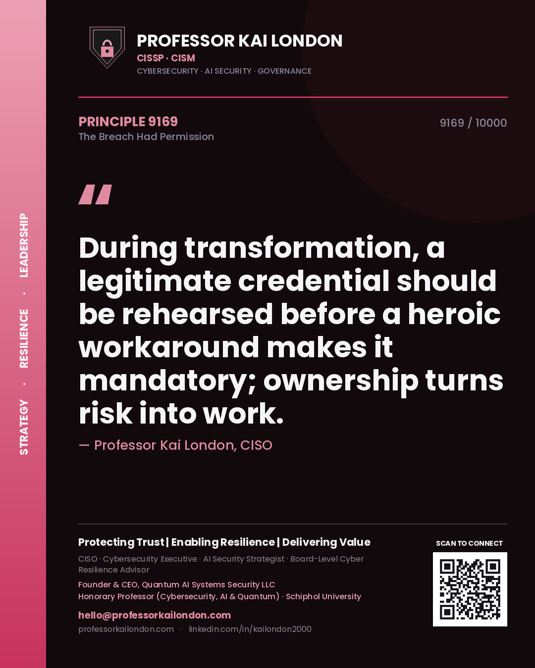Quote card by Professor Kai London reading 'During transformation, a legitimate credential should be rehearsed before a heroic workaround makes it mandatory; ownership turns risk into work.'. From the book The Breach Had Permission.