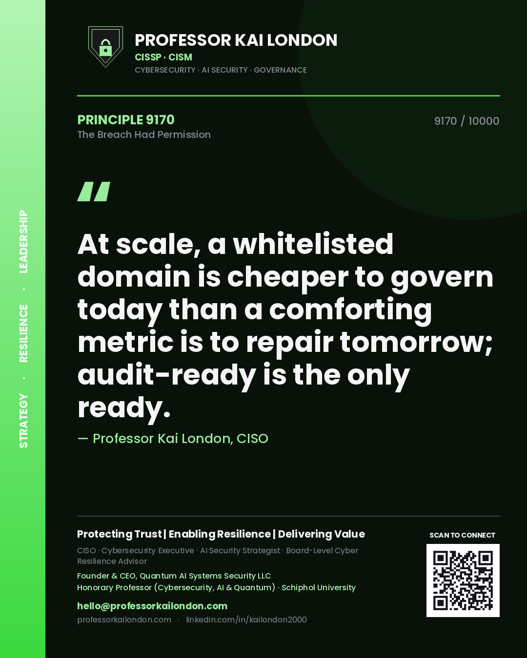 Professor Kai London principle 9170: At scale, a whitelisted domain is cheaper to govern today than a comforting metric is to repair tomorrow; audit-ready is the only ready.