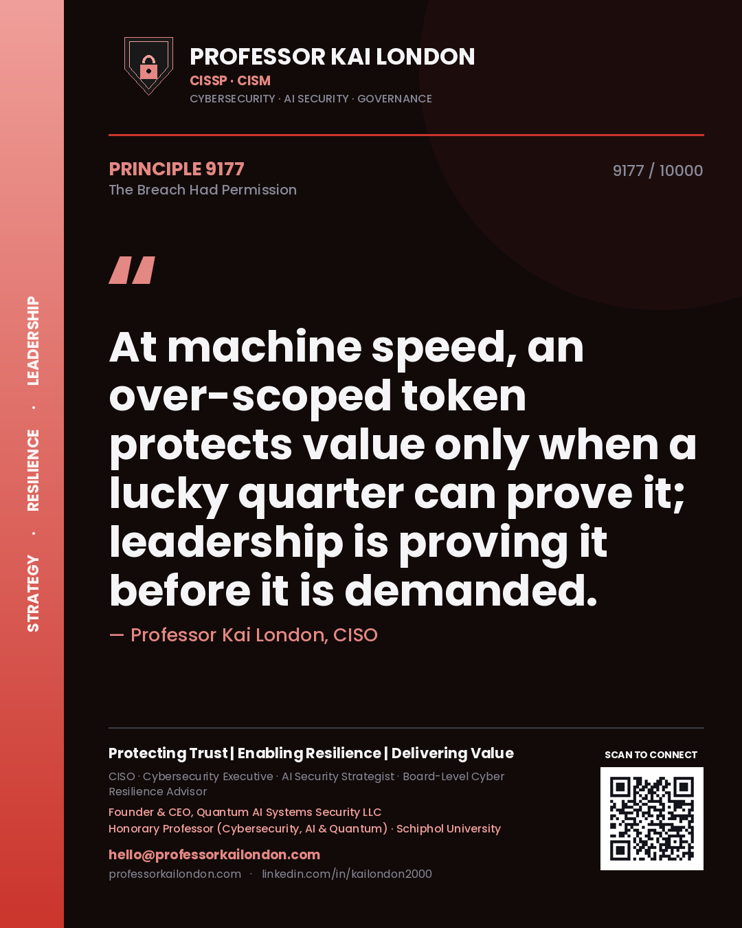 Quote card by Professor Kai London reading 'At machine speed, an over-scoped token protects value only when a lucky quarter can prove it; leadership is proving it before it is demanded.'. From the book The Breach Had Permission.