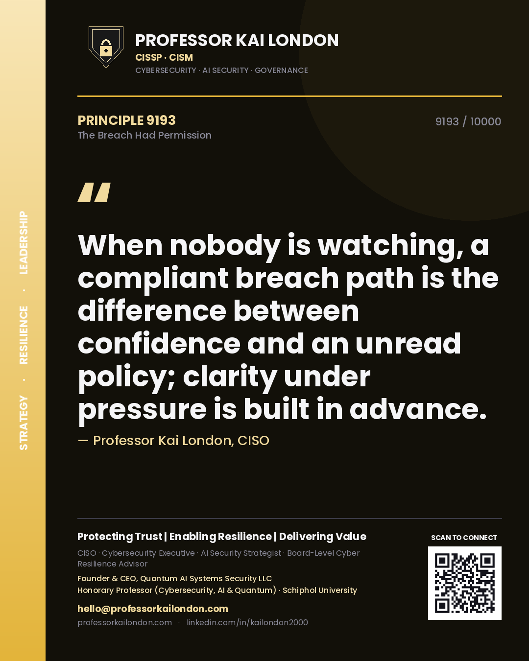 Quote card by Professor Kai London reading 'When nobody is watching, a compliant breach path is the difference between confidence and an unread policy; clarity under pressure is built in advance.'. From the book The Breach Had Permission.