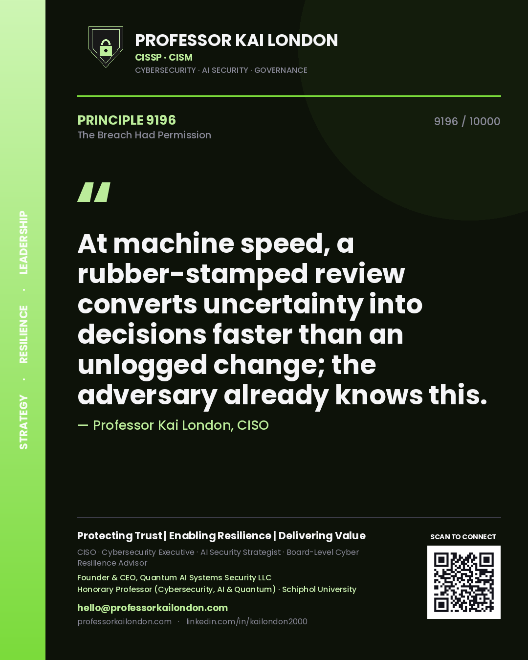 Professor Kai London principle 9196: At machine speed, a rubber-stamped review converts uncertainty into decisions faster than an unlogged change; the adversary already knows this.