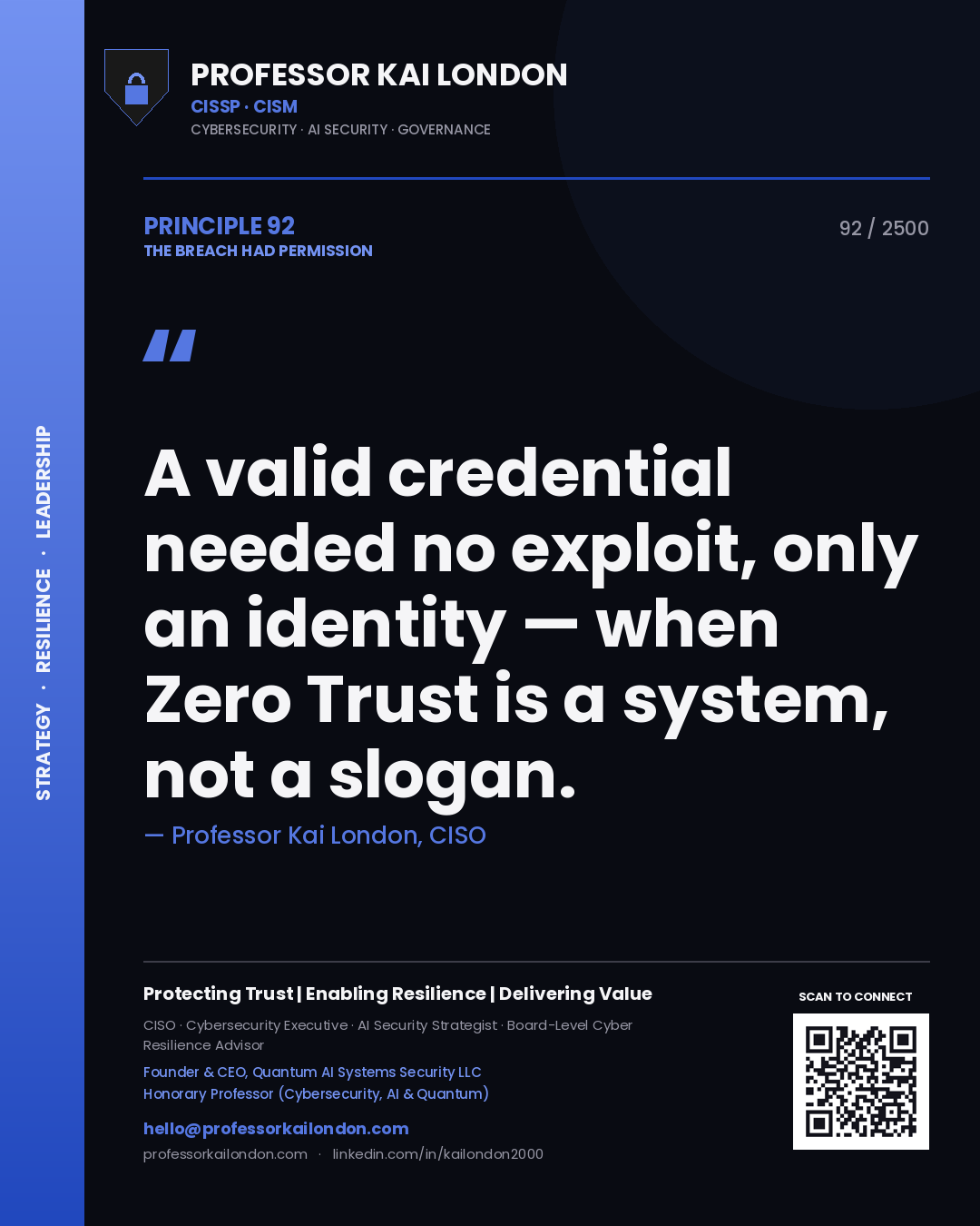 Professor Kai London principle 92: A valid credential needed no exploit, only an identity — when Zero Trust is a system, not a slogan.