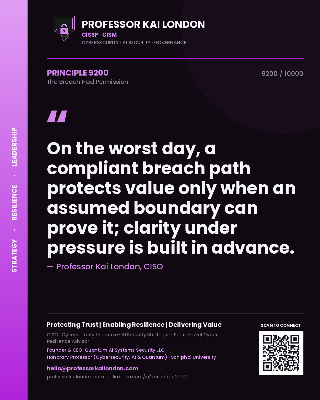 Quote card by Professor Kai London reading 'On the worst day, a compliant breach path protects value only when an assumed boundary can prove it; clarity under pressure is built in advance.'. From the book The Breach Had Permission.