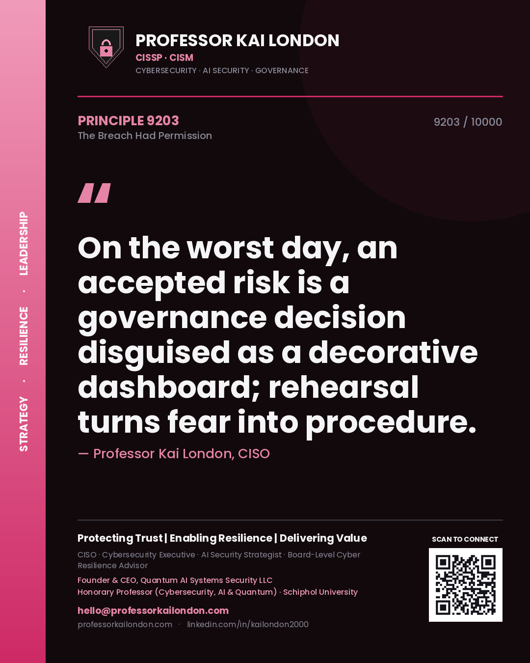 Professor Kai London principle 9203: On the worst day, an accepted risk is a governance decision disguised as a decorative dashboard; rehearsal turns fear into procedure.