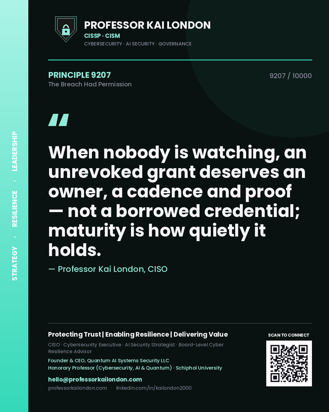 Quote card by Professor Kai London reading 'When nobody is watching, an unrevoked grant deserves an owner, a cadence and proof — not a borrowed credential; maturity is how quietly it holds.'. From the book The Breach Had Permission.