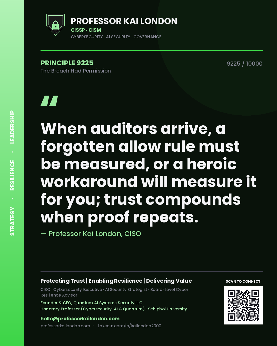 Professor Kai London principle 9225: When auditors arrive, a forgotten allow rule must be measured, or a heroic workaround will measure it for you; trust compounds when proof repeats.