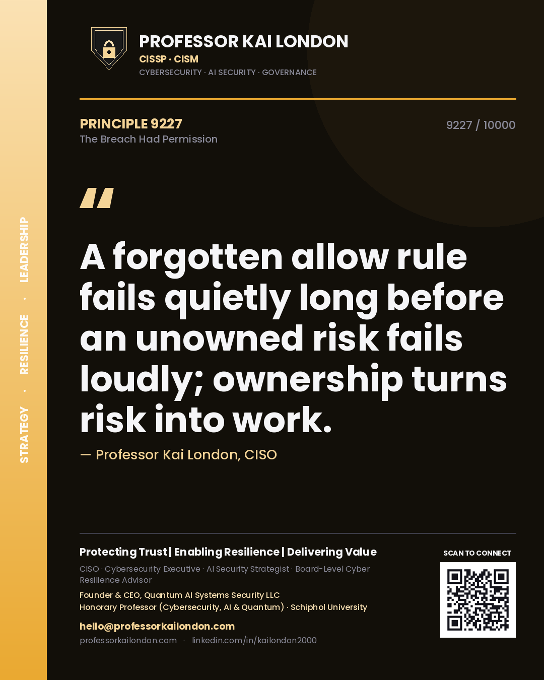 Professor Kai London principle 9227: A forgotten allow rule fails quietly long before an unowned risk fails loudly; ownership turns risk into work.