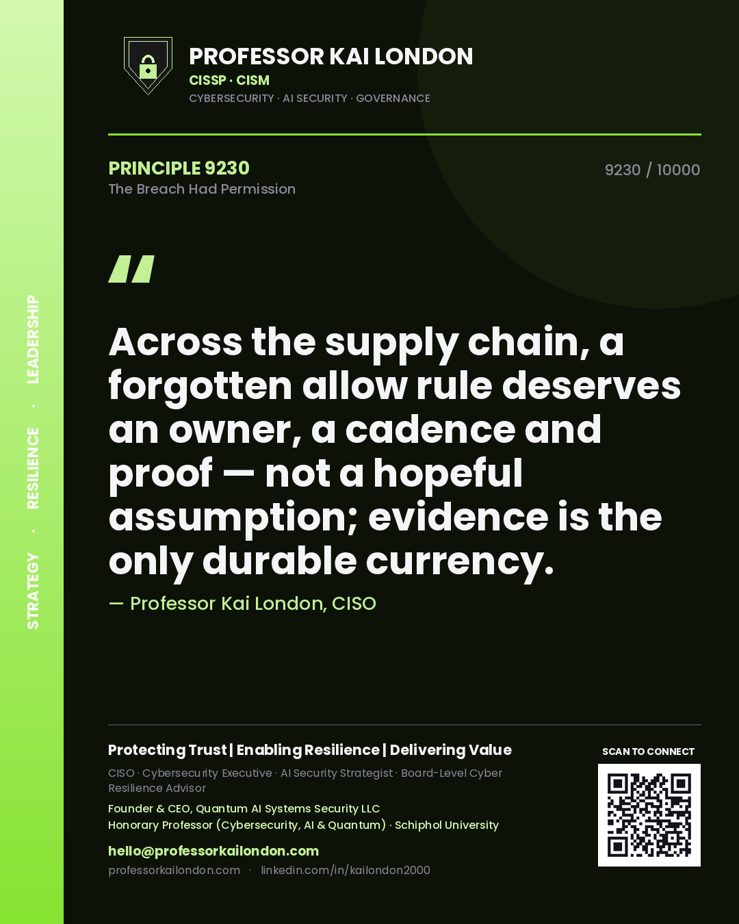 Professor Kai London principle 9230: Across the supply chain, a forgotten allow rule deserves an owner, a cadence and proof — not a hopeful assumption; evidence is the only durable currency.