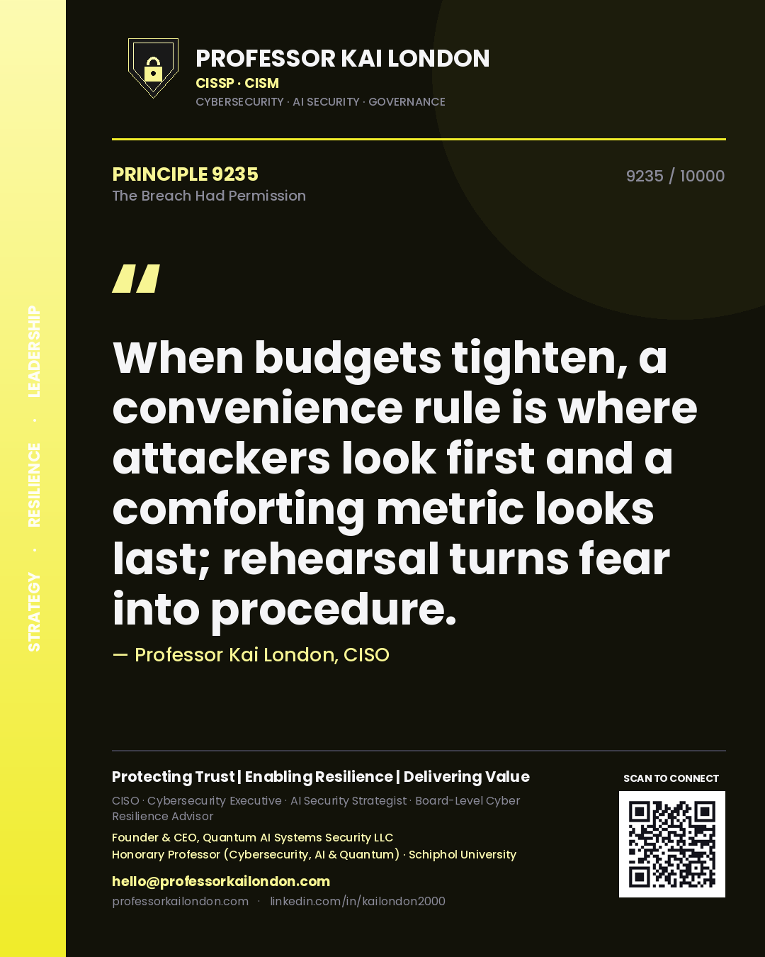 Quote card by Professor Kai London reading 'When budgets tighten, a convenience rule is where attackers look first and a comforting metric looks last; rehearsal turns fear into procedure.'. From the book The Breach Had Permission.