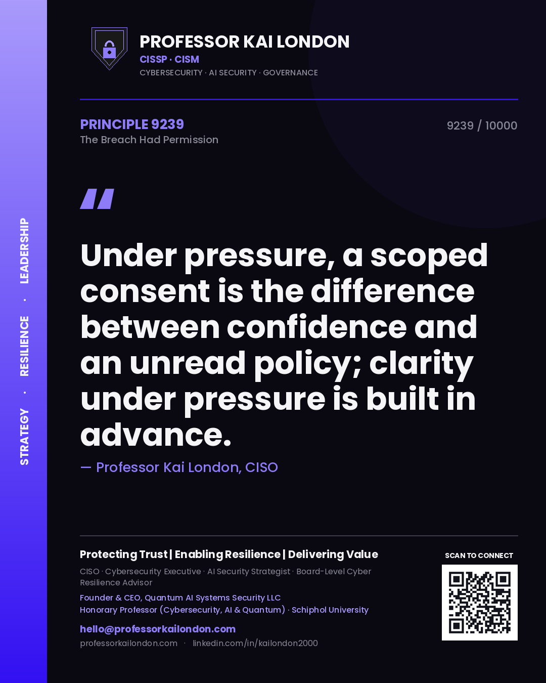 Quote card by Professor Kai London reading 'Under pressure, a scoped consent is the difference between confidence and an unread policy; clarity under pressure is built in advance.'. From the book The Breach Had Permission.