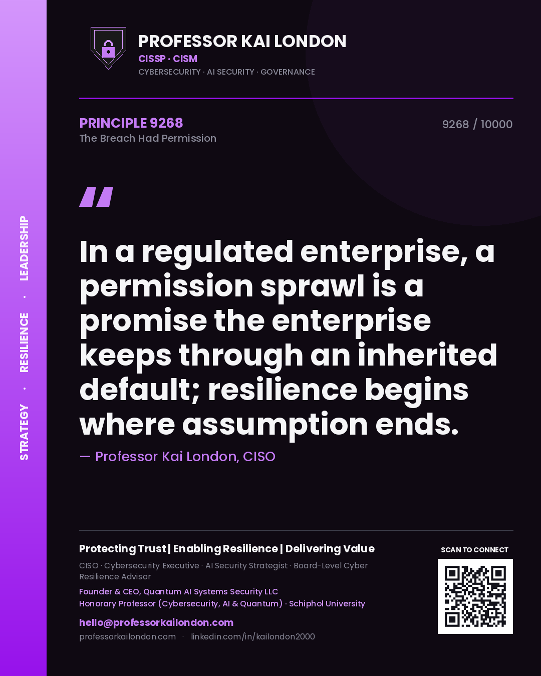 Professor Kai London principle 9268: In a regulated enterprise, a permission sprawl is a promise the enterprise keeps through an inherited default; resilience begins where assumption ends.