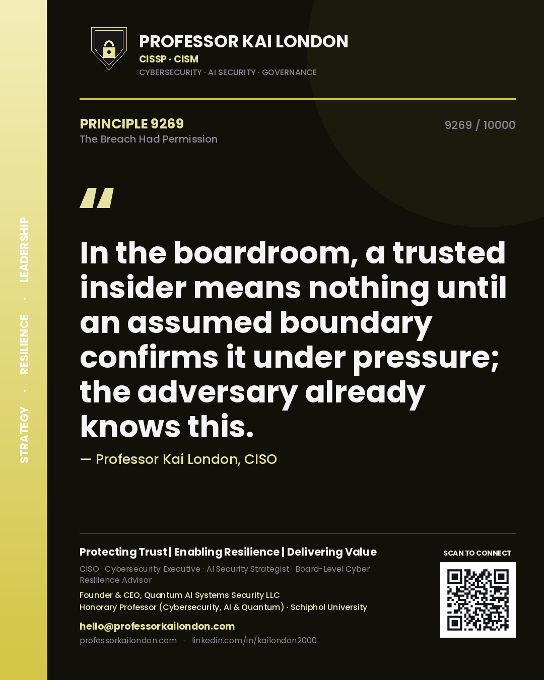 Professor Kai London principle 9269: In the boardroom, a trusted insider means nothing until an assumed boundary confirms it under pressure; the adversary already knows this.