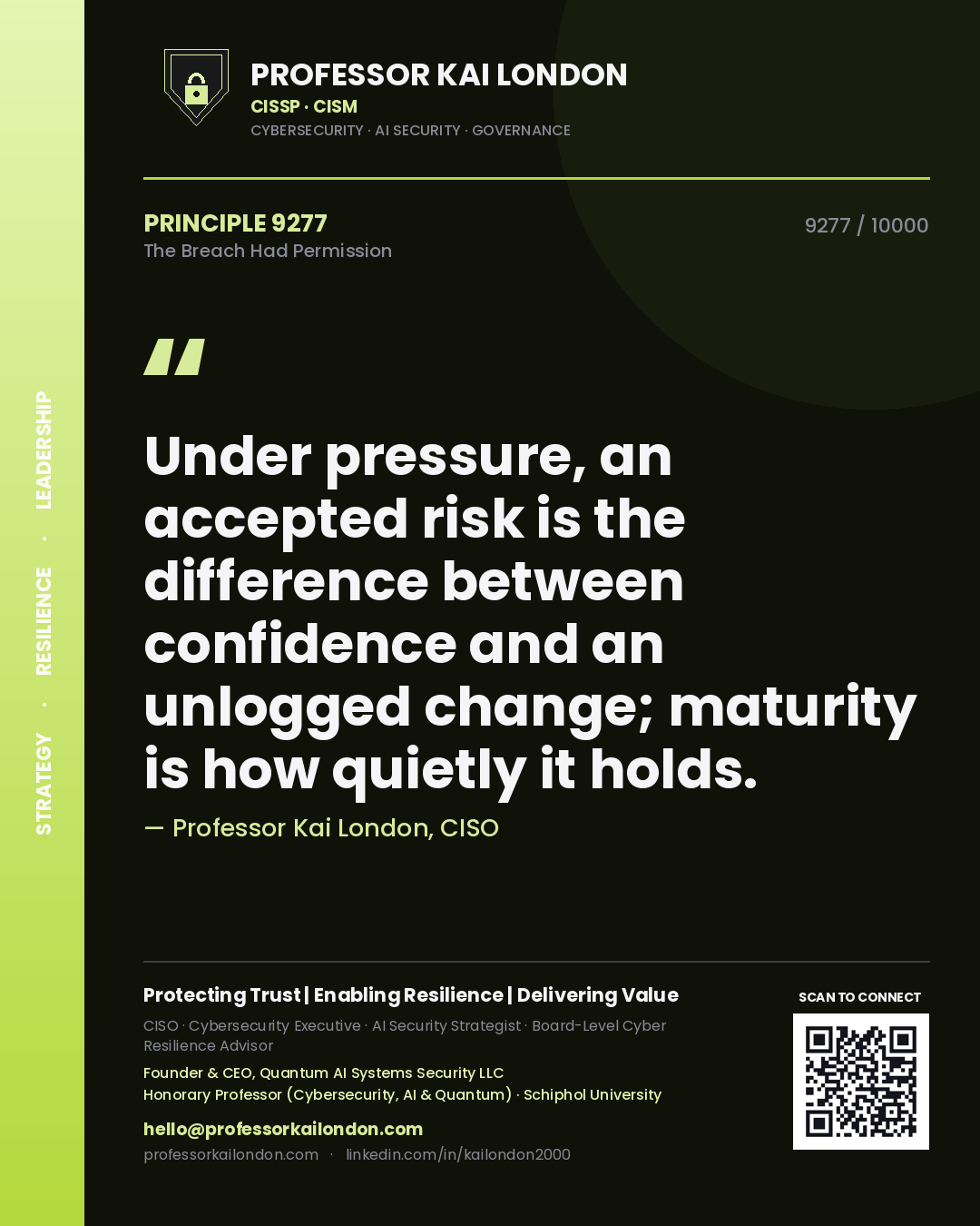 Professor Kai London principle 9277: Under pressure, an accepted risk is the difference between confidence and an unlogged change; maturity is how quietly it holds.