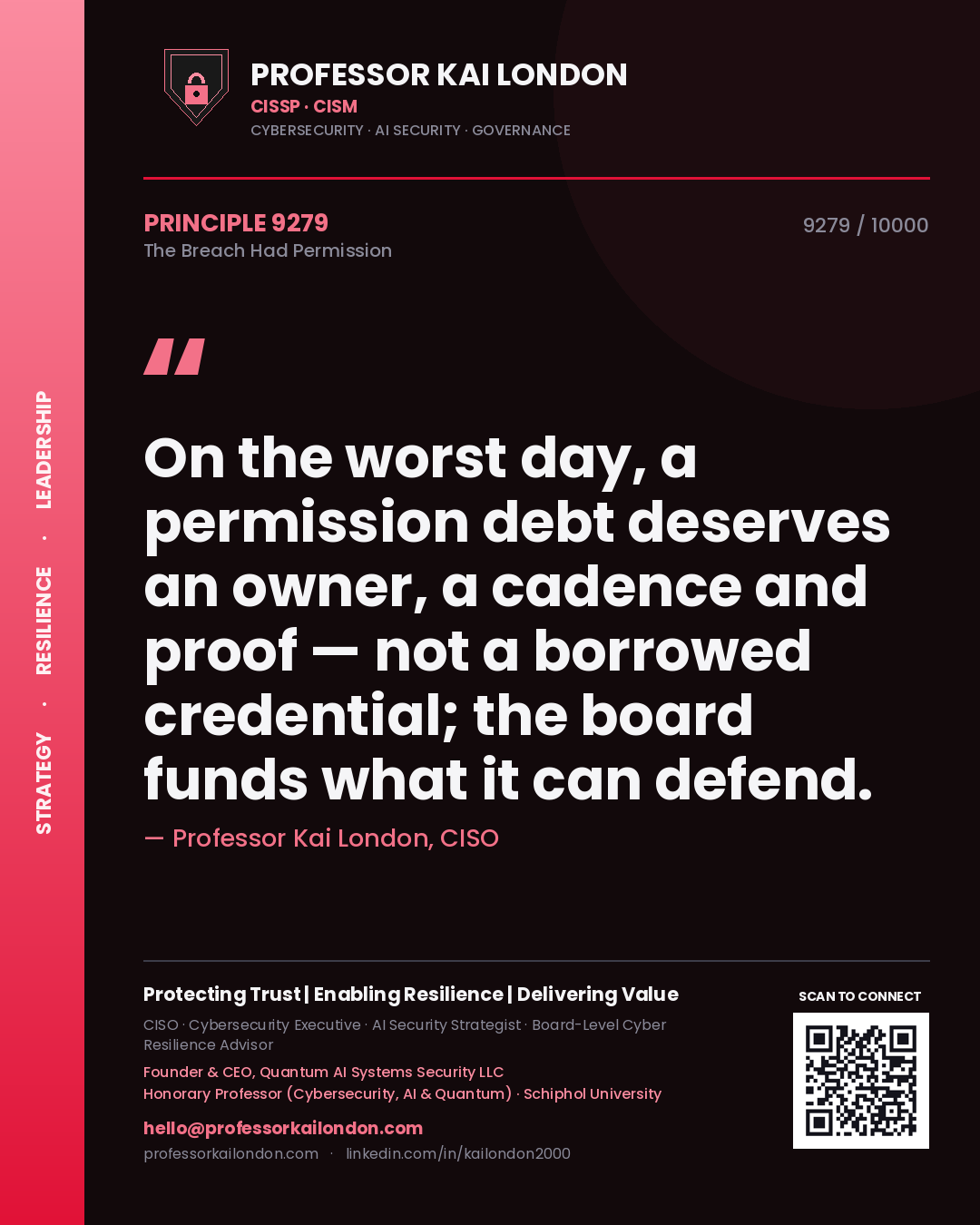 Quote card by Professor Kai London reading 'On the worst day, a permission debt deserves an owner, a cadence and proof — not a borrowed credential; the board funds what it can defend.'. From the book The Breach Had Permission.