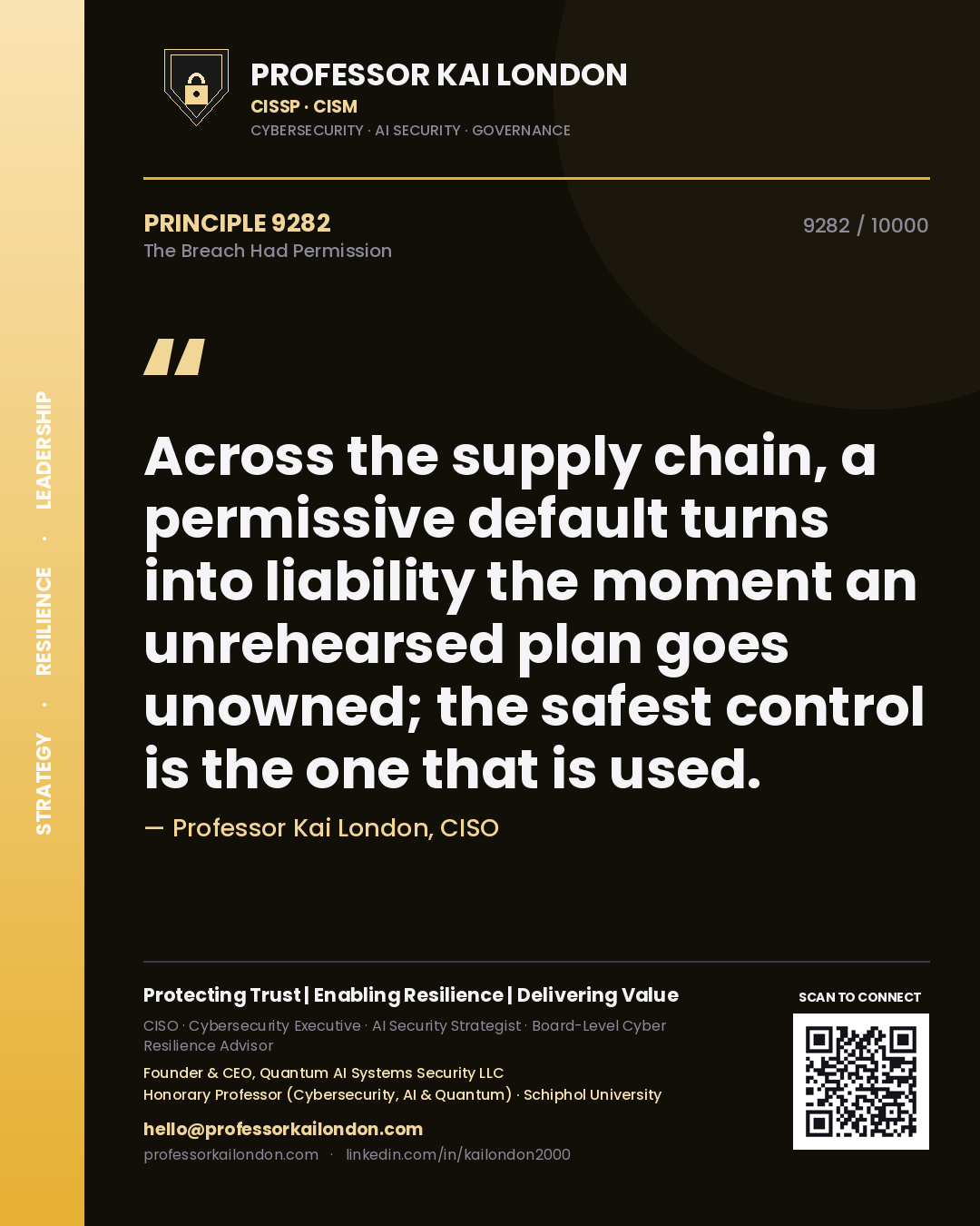 Professor Kai London principle 9282: Across the supply chain, a permissive default turns into liability the moment an unrehearsed plan goes unowned; the safest control is the one that is used.