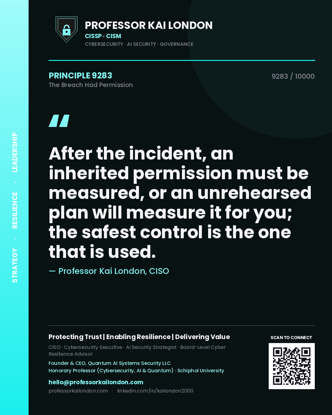 Professor Kai London principle 9283: After the incident, an inherited permission must be measured, or an unrehearsed plan will measure it for you; the safest control is the one that is used.
