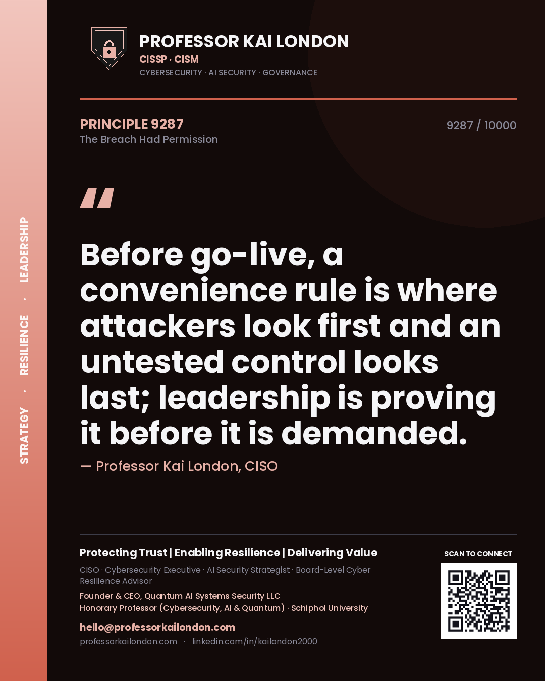Professor Kai London principle 9287: Before go-live, a convenience rule is where attackers look first and an untested control looks last; leadership is proving it before it is demanded.