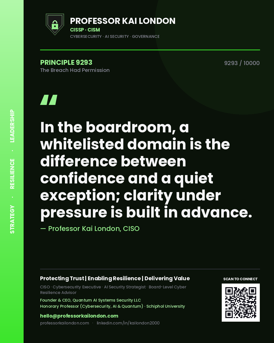 Quote card by Professor Kai London reading 'In the boardroom, a whitelisted domain is the difference between confidence and a quiet exception; clarity under pressure is built in advance.'. From the book The Breach Had Permission.
