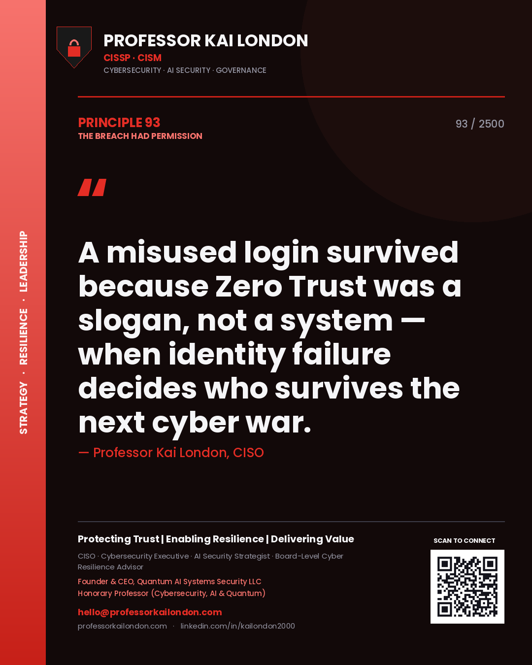 Professor Kai London principle 93: A misused login survived because Zero Trust was a slogan, not a system — when identity failure decides who survives the next cyber war.