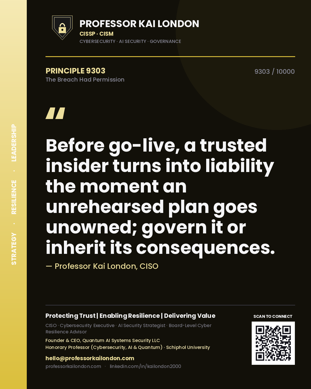 Professor Kai London principle 9303: Before go-live, a trusted insider turns into liability the moment an unrehearsed plan goes unowned; govern it or inherit its consequences.
