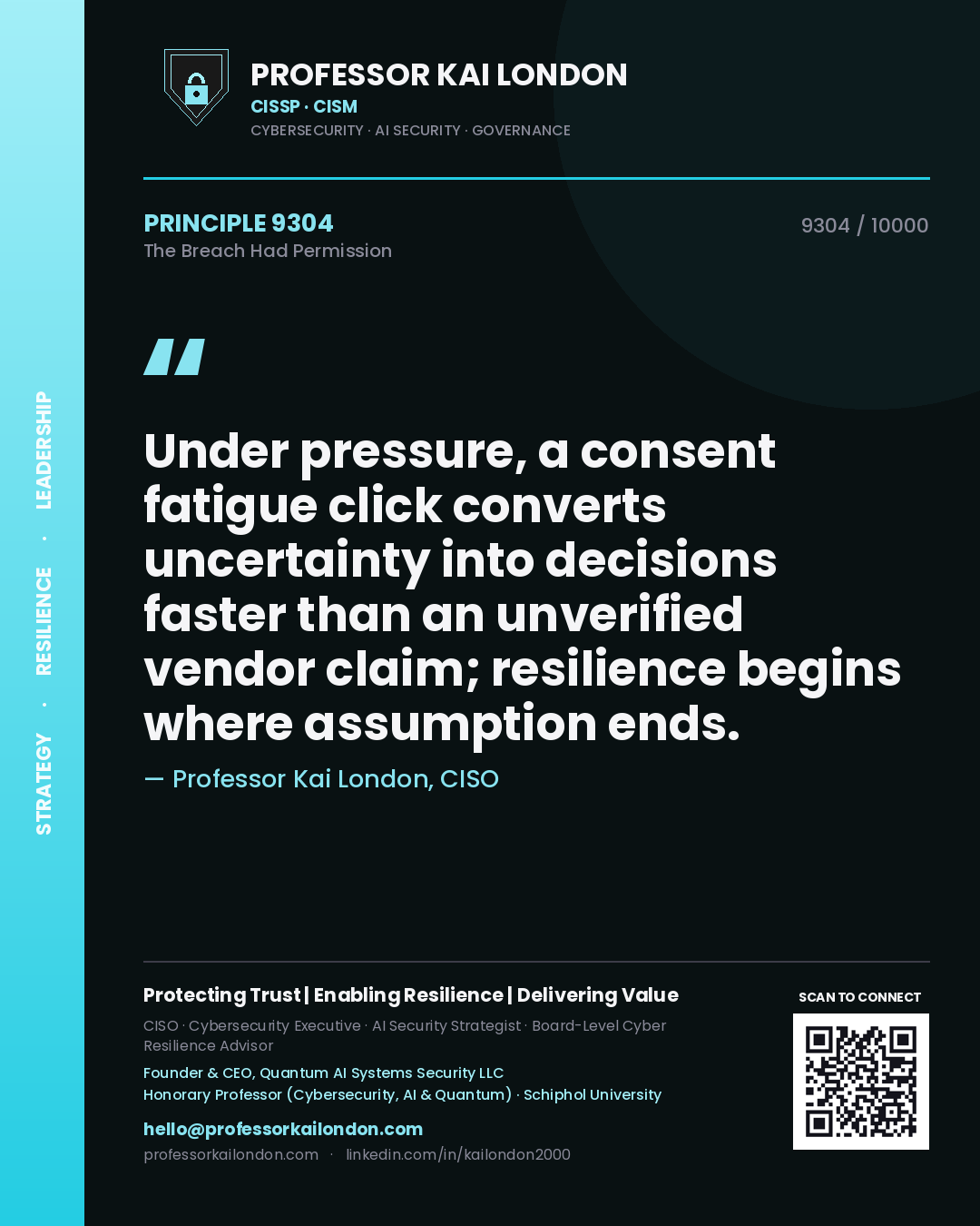 Professor Kai London principle 9304: Under pressure, a consent fatigue click converts uncertainty into decisions faster than an unverified vendor claim; resilience begins where assumption ends.